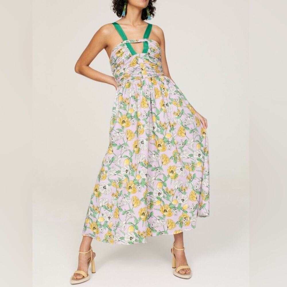 AMUR Women’s Leone Strappy Cutout Sleeveless Floral Lemons Purple Midi Dress 4